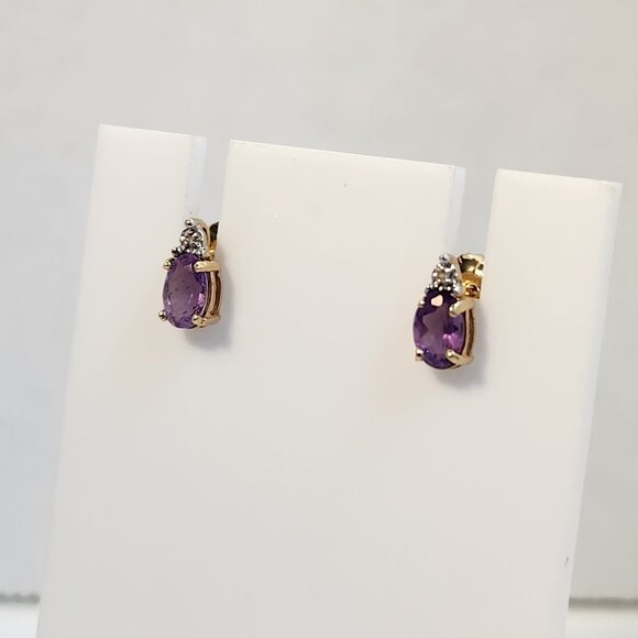 True VTG 80s 14K Solid Gold Natural Amethyst & Diamond Stud Earrings - Picture 6 of 15